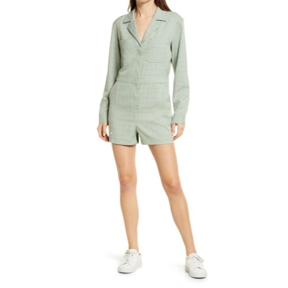 Treasure & Bond Plaid Romper XXS Green Basil Jump Window Pane Button Up NEW B26